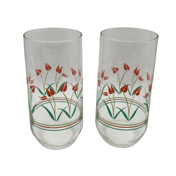 Vintage Anchor Hocking Tulip Glasses Set of 2 Red Green Flowers 6.25” - Picture 1 of 4